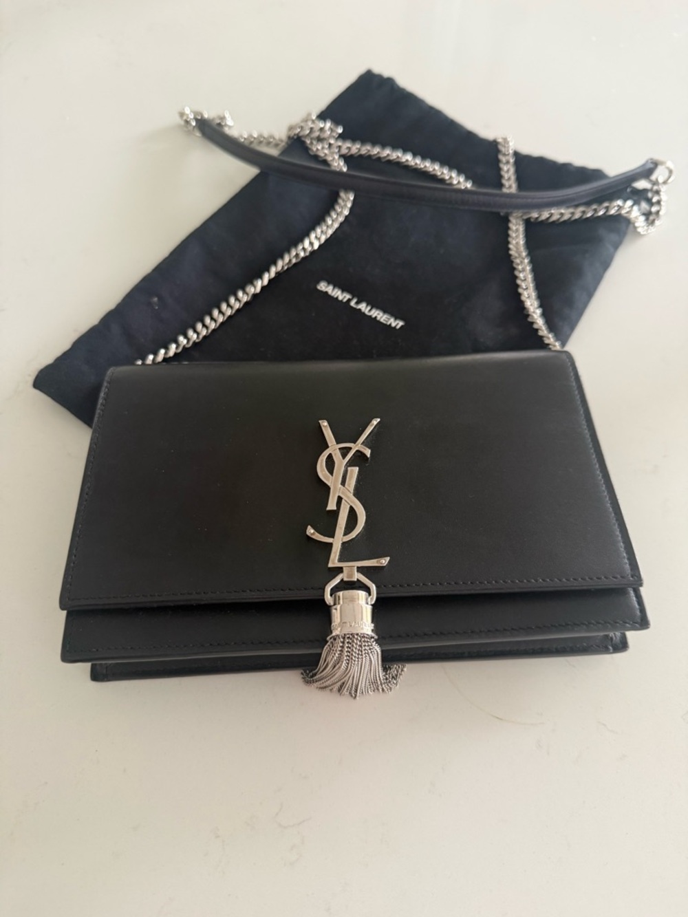 Saint Laurent Crossbody with tassel. Black Leather Small Kate bag.